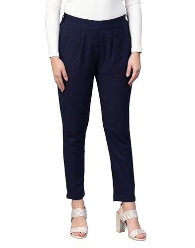 Image of Yash Gallery Women's Regular Fit Mid Rise Solid Cotton Slub Ankle Length Regular Trouser Pant