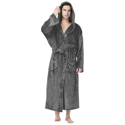 Albornoz con capucha para hombre con cordón bolsillo manga larga albornoz ocio ropa de salón, gris, XXL