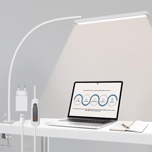 Lampada da scrivania, 14W Lampada da Tavolo con Morsetto a Collo di Cigno, 1100LM Lampada Architetto, 5 Colori X 10 Livelli di Luminosità Dimmerabile, Protezione Occhi, Per Ufficio, Lettura, Studio