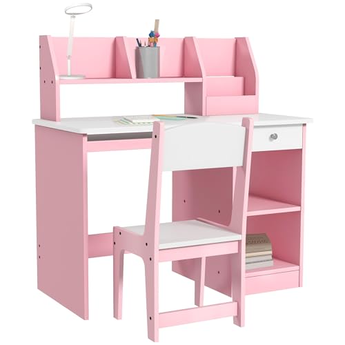 ZONEKIZ Bureau Enfant avec Chaise Ergonomique, Table Enfant et Chaise avec 2 tiroirs, étagères...