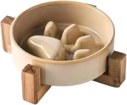 LumoLight 早食い防止 食器 ペット ボウル 台 フードボウルスタンド犬 猫食器 陶器 犬猫用 餌入 木製 ペット皿 滑り止め 安定感 取り外し可能 (カーキ)