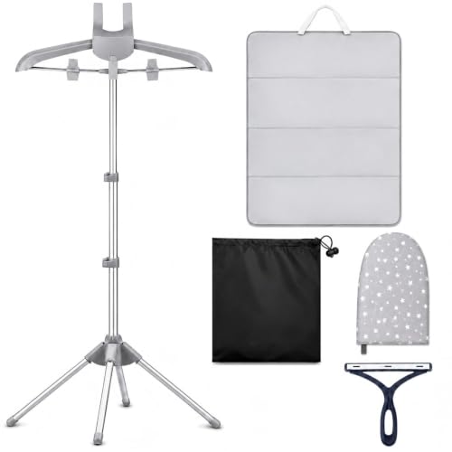 Foldable Garment Steamer Hanger Stand with Ironing Gloves Adjustable Steamer Rack Included Lint Remover & Storage Bag 2 Clips&Portable Ironing Board for Suits Shirts Coats Portable Travel Home Use
