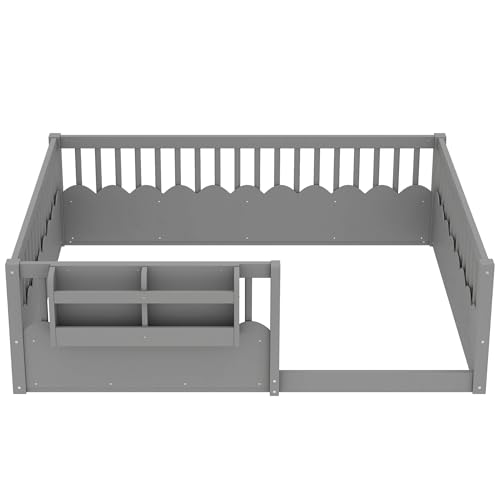 Image of Bellemave Full Size Kids Montessori Floor Bed,Solid Wood Floor Bed Frame with Bookshelf and High Fence for Kids,Girls,Boys,Gray