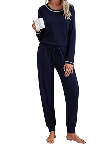 Aseniza Pijama Mujer Invierno Algodón Conjunto de Pijamas Largo Manga 2 Piezas Larga Ropa de Dormir Tallas Grandes Suave y Cómodo Azul Oscuro, L