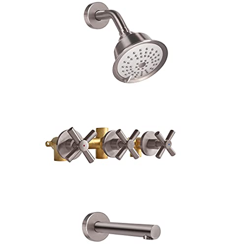 KAPHOME 3 Handles Tub Shower Faucet Set,Bathtub Faucet Set with Tub Spout,Tub and Shower Trim Kit with Valve,Wall Mounted,Brushed Nickel,KHSSN05U