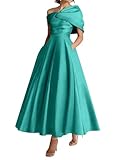 Verngo Elegant Satin Mother of The Bride Dresses for Wedding Long Ruffle One Shoulder Turquoise Tea Length Formal Prom Evening Gowns US12