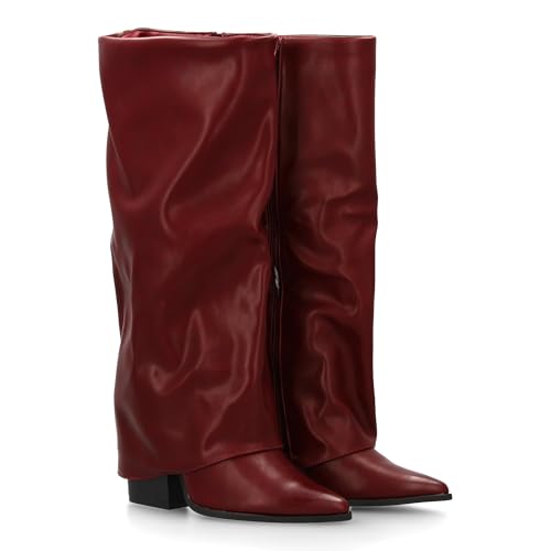 shoes&blues.es 96202 Bota Alta de Tacon para Mujer con Diseno Moderno con Acabado Efecto Arrugado, Elegante con Punta Fina y Tacon Ancho bajo. Ideal para Temporada Otono Invierno. Burdeos Talla 38