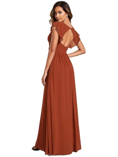 Ever-Pretty Womens Summer Flowy A-Line Backless Formal Wedding Guest Dresses Short Sleeve V-Neck Chiffon Bridesmaid Dress Burnt Orange US4