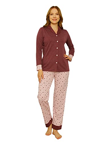 Alimer Pyjama pour Femme Coton Ensembles Pyjamas Col en V Manches Longues Vêtement de Nuit, Bordeaux/Rose (2632), M Cover