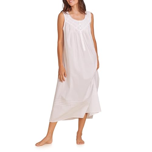 Eileen West Womens Sleepwear & Loungewear - Ballet-Length Long Poetic Woven Lawn 100% Cotton House Dress Night Gown, Lightweight Summer Sleeveless Nightgowns for Women, White, M
