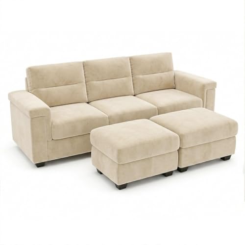 Image of FURNY Parker 3 Seater Sofa Set with 2 Ottomans | Premium Suede Velvet Fabric Finish | Durable Comfort Sofa for Modern Living Room & Office Spaces