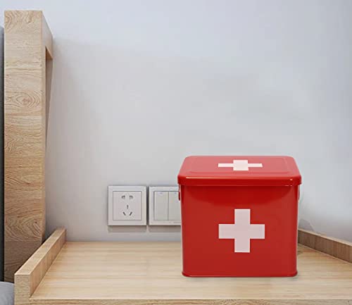 First Aid Kit, First Aid Medicine Supplies Bin - 2-Tier Metal Medicine Storage Tin, First Aid Box with Removable Tray for Home Emergency Tool Set-Red