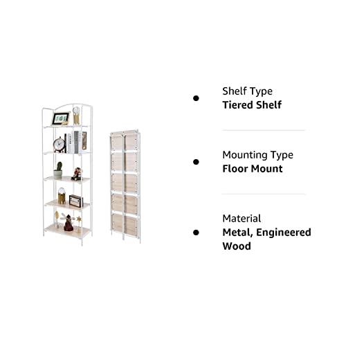 Crofy No Assembly Folding Bookshelf, 5 Tier White Bookshelf, Metal Book Shelf For Storage, Folding Bookcase For Office Organization And Storage, 12.87 D X 22.91 W X 69.29 H Inches #TOP7