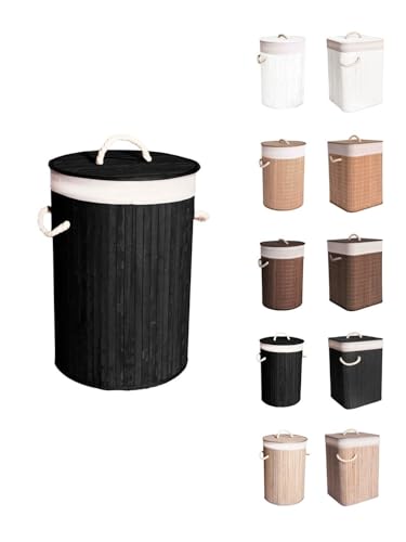 JARDIN202 - Cesto Ropa Sucia Bambú – Cesta de la Colada Plegable con Bolsa Extraíble y Asas - Cubo Ropa con tapa | Redondo (Negro)
