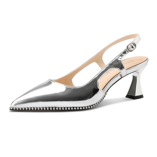 Image of TNYNFBEB Womens Kitten Heel Pointed Toe Pumps Sliver Beaded Slingback Slip-on Buckle Prom Dress Basic Classic Patent Leather Summer 2.6 Inches Heels