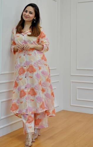 Image of DHRUVI TRENDZ Anarkali Kurta-Set for Women - Viscose Rayon Printed Kurta & Straight Pant | Festive Ethnic Indian Traditional Outfit for Functions & Puja | Lightweight Two Piece Dress for Daily Wear & Holiday Look | 3 /4 Sleeve
