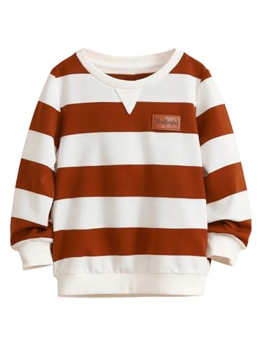 Verdusa Boy's Stripe Print Letter Patchwork Pullover Top Round Neck Long Sleeve Sweatshirt Brown 7Y