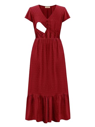Image of CzzzyL Women Nursing Boho Maxi Dresses Cap Short Sleeve V Neck Swiss Dot High Waisted A-Line Ruffle Tiered with Pockets