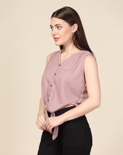 Image of Zilcon Women Waffle Tie Knot Button Down Sleeveless Casual Blouse Curved Hemline Tops S-XL