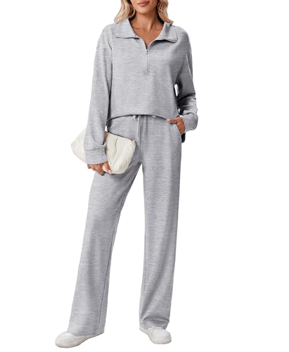 Image of PINSPARK 2 Piece Sets for Women 1 /2 Zip Sweatsuit 2026 Matching Outfit Fall | Lightweight Air Layer Fabric, Loose Fit Sweatshirt, Straight Leg Pants with Pockets, Soft Lounge Sets, Airport Outfits Women