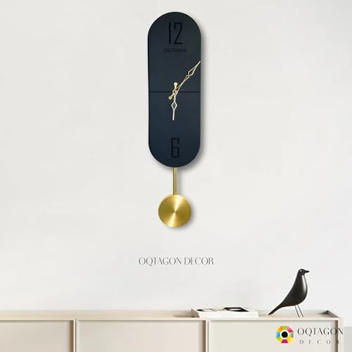 Image of OQTAGON Vertical Noir Designer Pendulum Wall Clock - Modern Slim Black Wall Clock for Living Room, Bedroom & Office | Minimalist Vertical Wall Decor