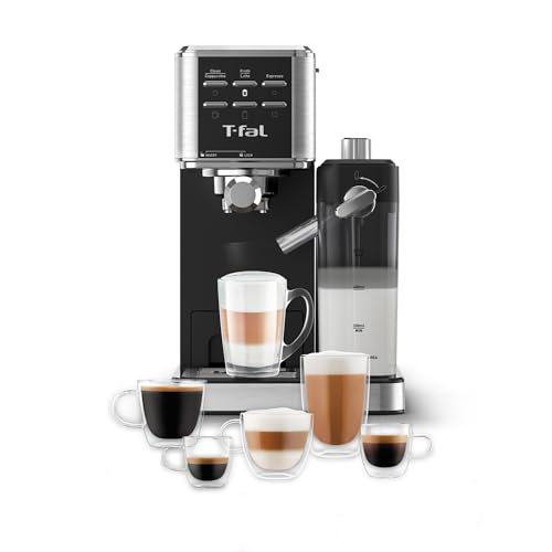 Listado de Cafetera Tefal de esta semana. 48 T-Fal Cafetera de espresso LA-T Negra, para lattes y cappuccinos, con tanque para espumar leche, Rápido calentamiento, Filtro permanente de acero inox, EX452DX0