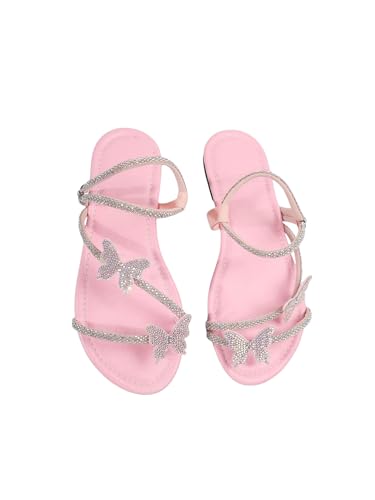 GORGLITTER Women's Sparkly Rhinestone Flat Sandals Glitter Bling Butterfly Strappy Open Toe Slides