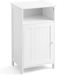 COSTWAY Bathroom Floor Cabinet, Wooden Storage Cupboard with Single Door and Adjustable Shelf, Floor Standing Side Cabinet for Living Room Bedroom Hallway (White, Round Wooden Handle)