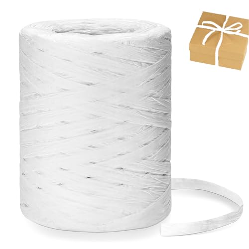 Rafia Naturel Bobine, 200 m Ficelle de Raphia, Ruban en Papier, Ruban de Raphia Kraft pour Emballage de Cadeaux, Bouquets, Décorations, Blanc