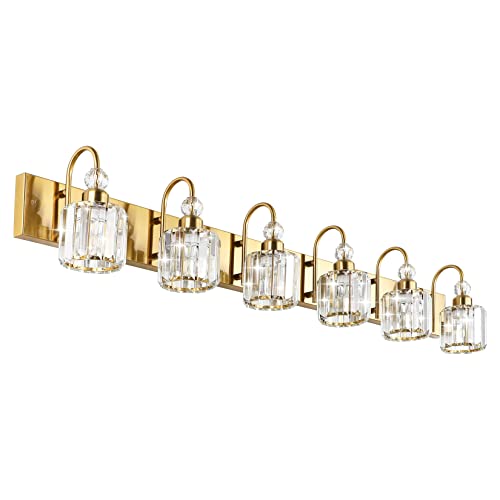 Image of Ralbay Gold Crystal Vanity Lights for Bathroom 6-Lights Brass Gold Crystal Bathroom Vanity Lights Over Long Mirror Modern Crystal Bathroom Wall Lighting Fixtures