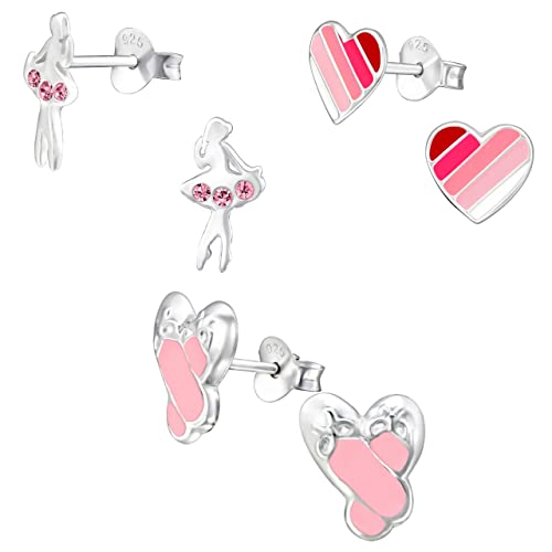 ICYROSE 925 Sterling Silver Set of 3 Pairs Pink Striped Heart Ballerina & Slippers Stud Earrings for Girls (Nickel Free)