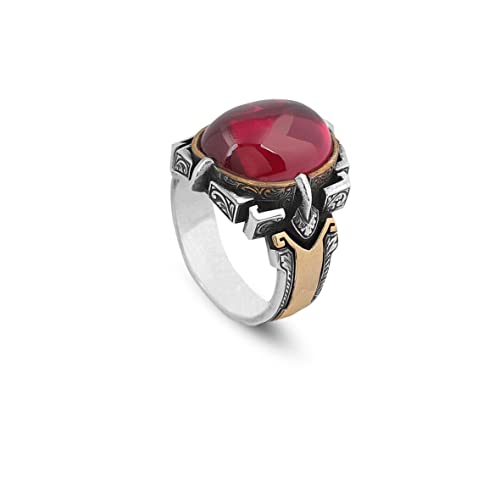 Jewellery Pit - Bague en Pierre Précieuse Rubis pour Hommes - Pierre Ovale en Argent Sterling 925, Style Millésime, Fait Main - adeau chiffon de nettoyage en...
