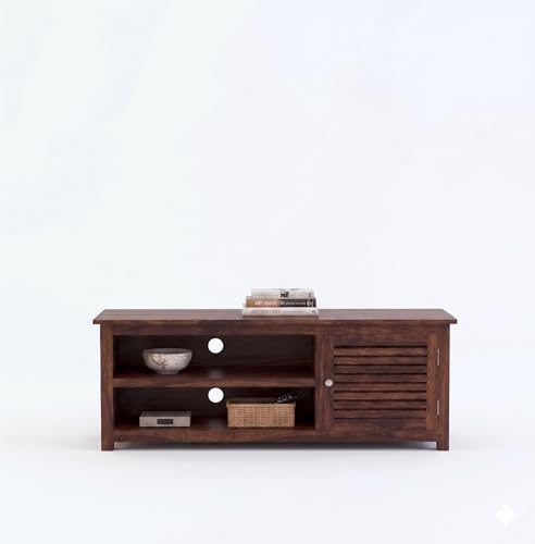 Image of Sheesham Wood TV Unit Cabinet with Shelf Storage for Home Living Room | Wooden Furniture for Office Decor - Walnut