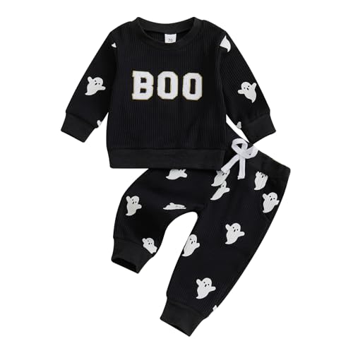 Toddler Boy Girl Halloween Outfit Embroidery Boo Crewneck Sweatshirt Ghost Pants Set Baby Fall Winter oversize Clothes
