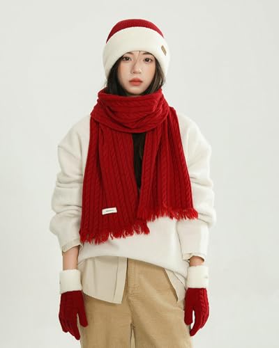 Set de gorro, bufanda y guantes rojos de lana para invierno 3
