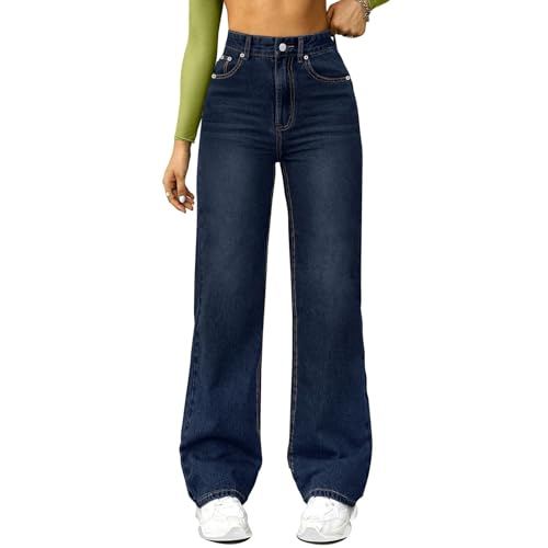 Damen Jeans Gerades Bein,Mittlere Taille Hüftjeans Straight-Fit Denimjeans Y2k Clothes Dunkle Waschung Hosen Lose Fit Pants Gerade Geschnitten Jeanshosen Freizeithose mit Taschen(#C Dark Blue,XL)