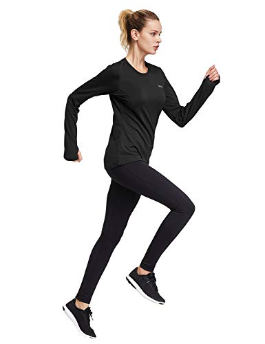 BALEAF Women's Thermal Fleece Tops Long Sleeve Running Athletic t-Shirt with Thumbholes Zipper Pocket Black Size L