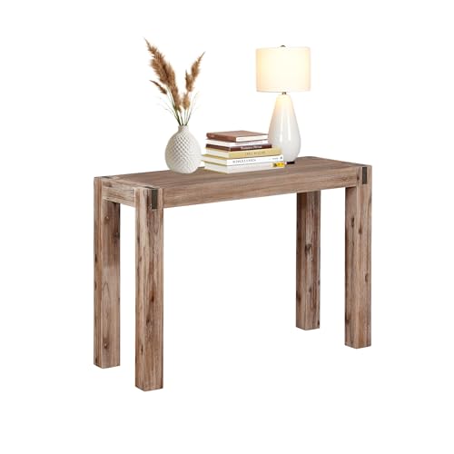 Alaterre Furniture Woodstock 40-Inch Console Table – Modern Farmhouse Entryway Table with Solid Acacia Wood Legs and Bronze Metal Corner Inset – Accent Table for Hallway or Living Room (Driftwood)
