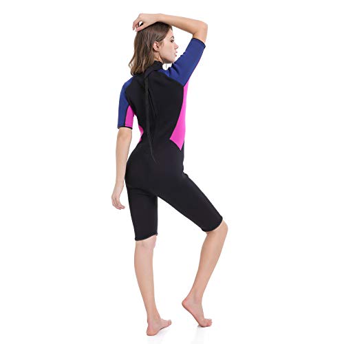 Womens Shorty Wetsuit Mens, 3mm Neoprene Swimsuit Back Zip for Scuba Diving Surfing Snorkeling Swimming, DW004 (Black-Fuchsia, S) - Thumbnail 3
