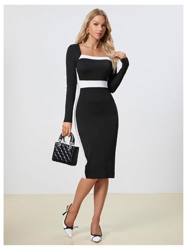Image of SOLY HUX Women's Midi Dress Color Block Square Neck Long Sleeve Bodycon Dresses