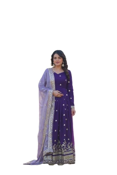 Womens Star Georgette Embroidered Zari Sequins Work Gown with Fendi Dupatta Full Sleeves Fancy Neck
