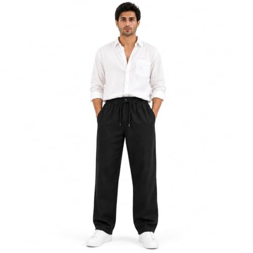 Image of Linen Pants for man || Relaxed Fit Casual Trousers for Men || Men's Lightweight Breathable Pants || Elastic Waist with Drawstring || All Season Pant for Regular, Travel & Office Wear