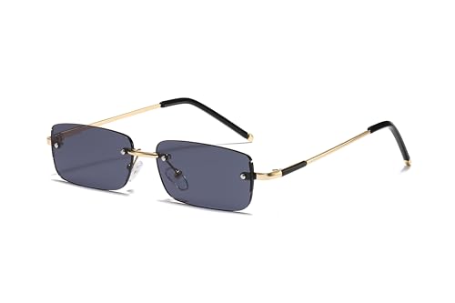 WDZAYXC Rechteckige Retro randlose Sonnenbrille für Damen Herren, Metallfassung, Verschiedene Farbtöne,UV400 Schutz (Gold/schwarz)