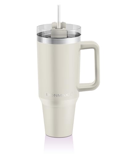 IronMaxx Tazza con manico – crema da 1,2 l | con cannuccia inclusa | design sottile e moderno in acciaio inox | coperchio a prova di perdite e isolamento a doppia parete | mantiene caldo e freddo