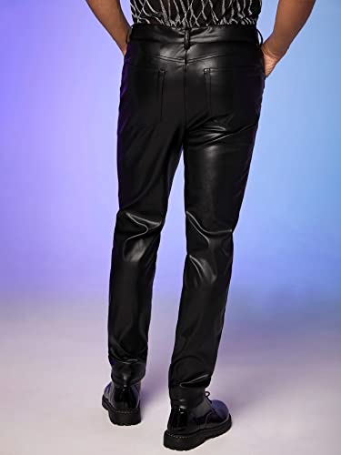 Wdirara Men's High Waist Button Pu Leather Party Skinny Pants With Pocket Black L #TOP2