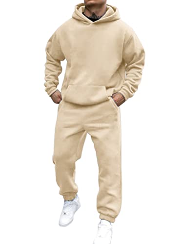 shownicer Survêtement Homme Ensemble Jogging Sweats À Capuche Et Sport Pantalons Automne Hiver Couleur Unie Gym Jogging Sportswear Tenue De Couple A Beige 3XL