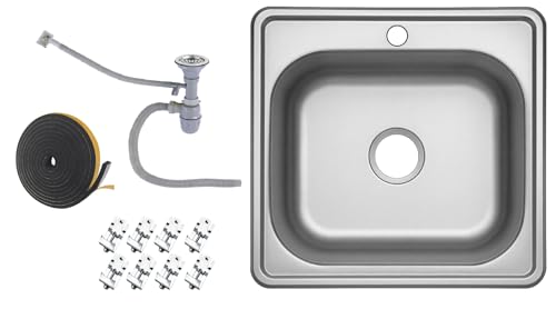 Faizee Möbel | Edelstahlspüle 48x48 cm | Eckige Einbauspüle Edelstahl | Beidseitig montierbares Spülbecken für Küche | Spülbecken Edelstahl für Unterschränke ab 45 cm | Inkl. Siphon-Set