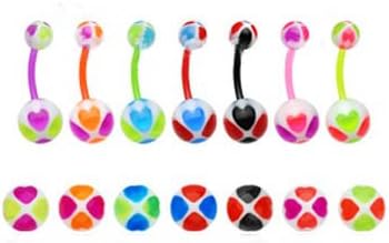 Set of 6 Flexible Bioplast UV Hearts Color balls Belly Button Navel Ring Rings - 14g