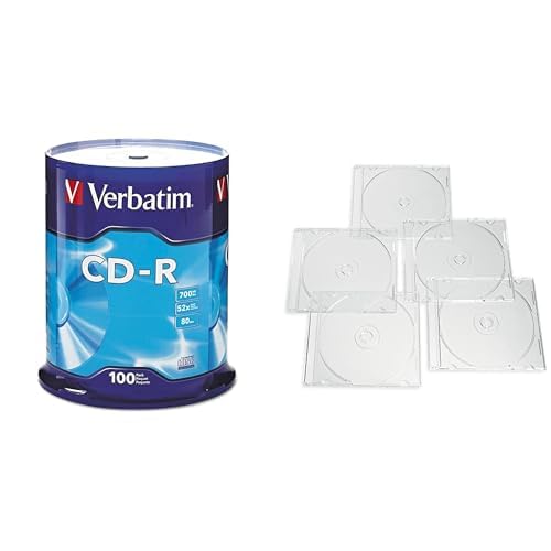 Verbatim CD-R 100 Discs Spindle + 50 Slim Storage Cases Assorted Colors – Data &amp; Music Recording Bundle