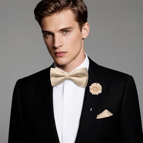 Image of Hi-Tie Bow Ties for Men Pre-Tied Pocket Square with Cufflinks Mens Bowtie Sets for Wedding Formal Party